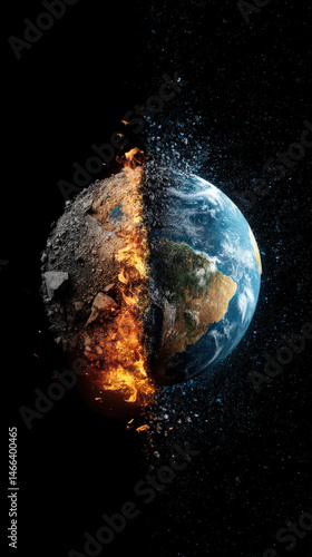 A surreal depiction of Earth slowly dissolving into fire and debris, illustrating the effects of climate change and environmental destruction