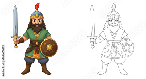 The Valiant Vanguard: A striking illustration of a medieval warrior brandishing a sword, with detailed coloring alongside a line-art rendition, showcasing the art of courage and valor.
