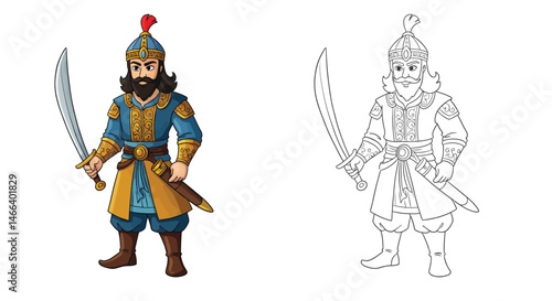 Warrior with Sword: A striking visual of a warrior brandishing a sword, presented in vibrant colors and a clean line drawing, showcasing strength and courage.