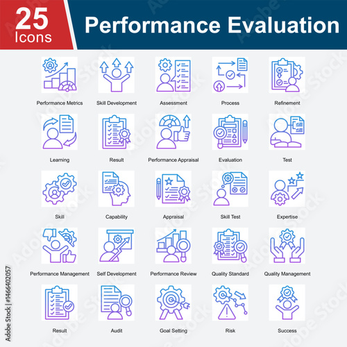 Performance Evaluation is a collection of icons focused on measuring and assessing individual and team performance, skill development, goal achievement, and quality standards to improve overall result
