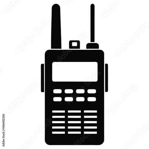 A black colored walkie talkie is pictured with buttons and antenna on top