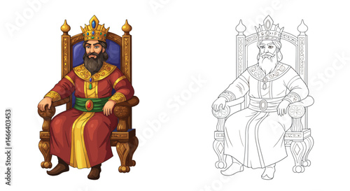 King on Throne: A regal king, adorned in opulent attire, sits majestically upon a throne, symbolizing power, authority, and the grandeur of royalty.