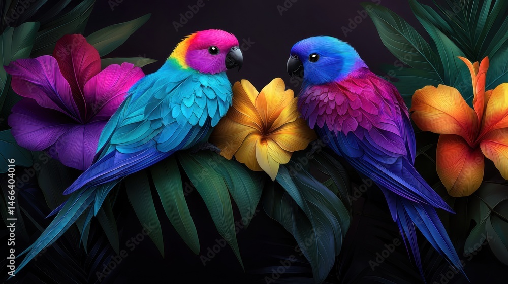 Obraz premium two colorful parrots sitting on a branch with tropical flowers