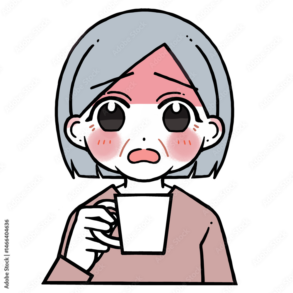 Obraz premium コップを持つ顔の赤い困り顔の老人女性のイラスト