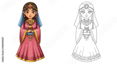 Enchanting Princess Holding a Jewel: An Illustration of a princess, resplendent in regal attire, clutches a jewel, her gaze hinting at untold stories and an aura of sophistication.  
