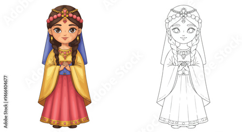 Armenian Bride Illustration: A whimsical depiction of an Armenian bride, adorned in traditional attire, her captivating beauty illuminated by radiant hues and intricate patterns.