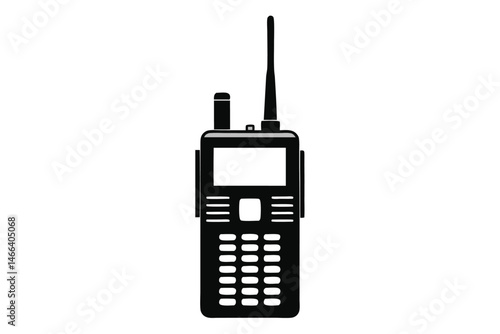 Black walkie talkie shows a rectangular screen, side buttons, and keypad on a white background