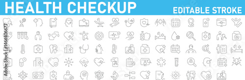 Health checkup icon set includes editable stroke medical, hospital, doctor, nurse, heart, stethoscope, and healthcare symbols for digital and print use