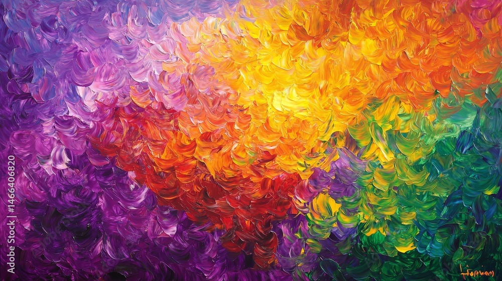 A vibrant abstract painting featuring swirling brushstrokes in purple, red, yellow, orange, and green hues blending together.