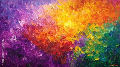 Obraz na płótnie A vibrant abstract painting featuring swirling brushstrokes in purple, red, yellow, orange, and green hues blending together. w salonie