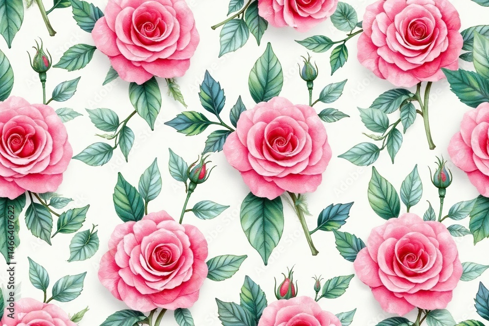 Delicate watercolor roses & leaves, repeat pattern, surface pattern, garden, pattern