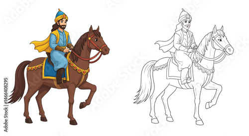Warrior on Horseback: A regal illustration depicting a valiant warrior, resplendent in a turban and cloak, confidently astride a majestic horse.