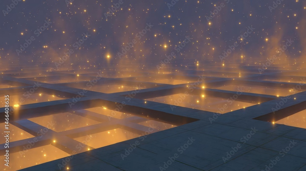 Fototapeta premium 3d rendering of a futuristic cityscape at night. the sky is filled with stars and the city is lit up with a warm orange glow.