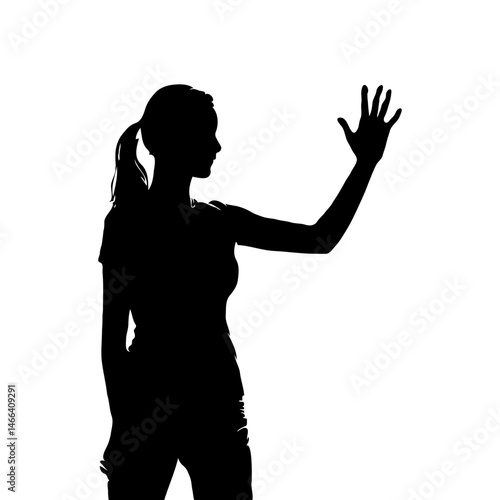 Silhouette of a woman raising her hand, standing in a dynamic pose on a white background. The image conveys mystery, communication, and expression