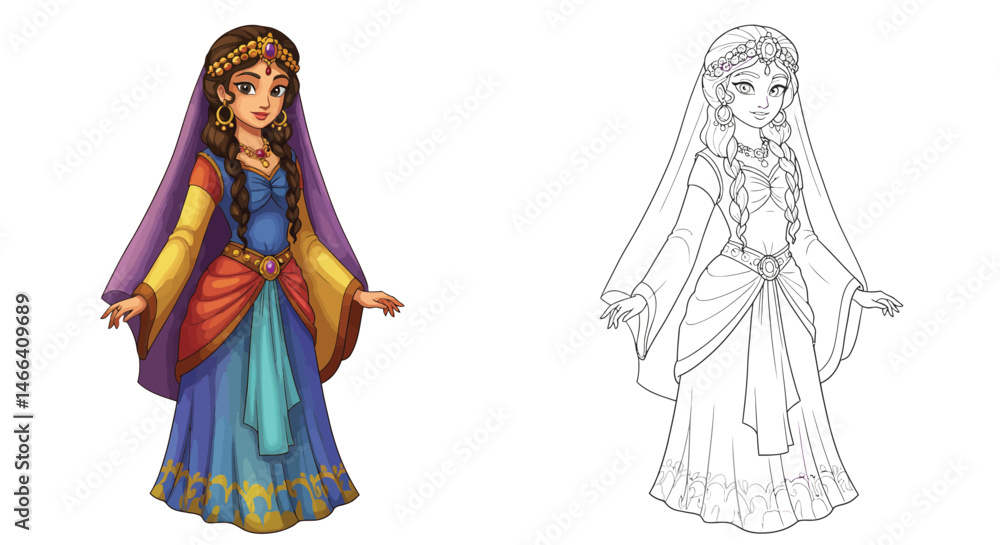 Fototapeta premium A Fantasy Princess Character Coloring Page: This captivating artwork features a charming fantasy princess character. She is adorned in a vibrant, intricate gown.