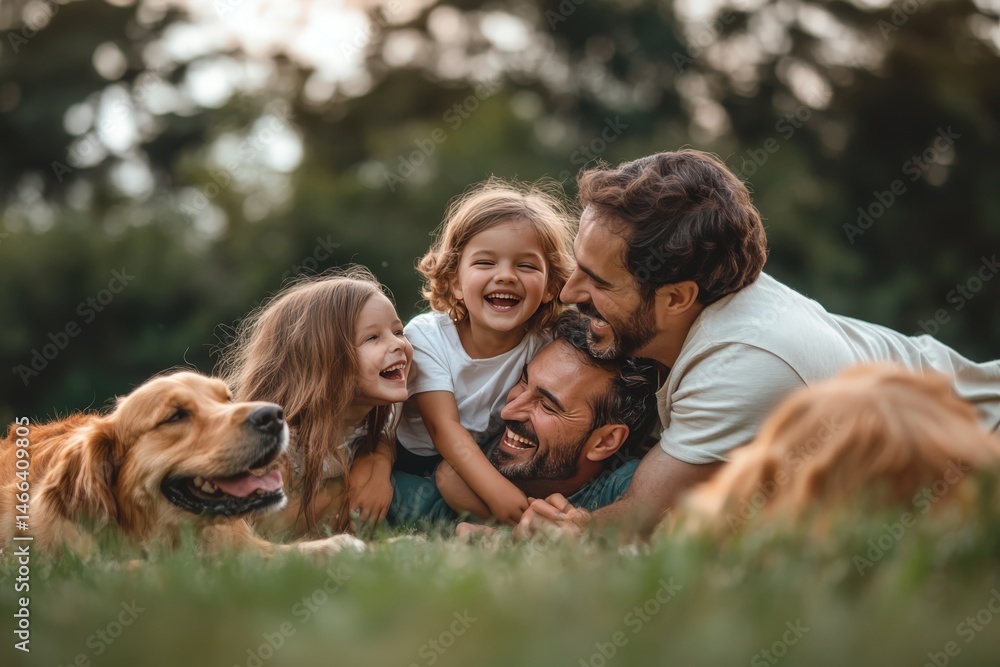 Obraz premium A family is relaxing together while lying in the grass with their dog