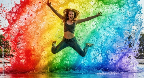 Wallpaper Mural Captured Mid-Jump, a Person Bursts Through a Wave of Rainbow-Colored Paint and Water Under the Sunlight Torontodigital.ca