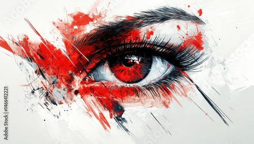 Close-up abstract eye with vibrant red splashes