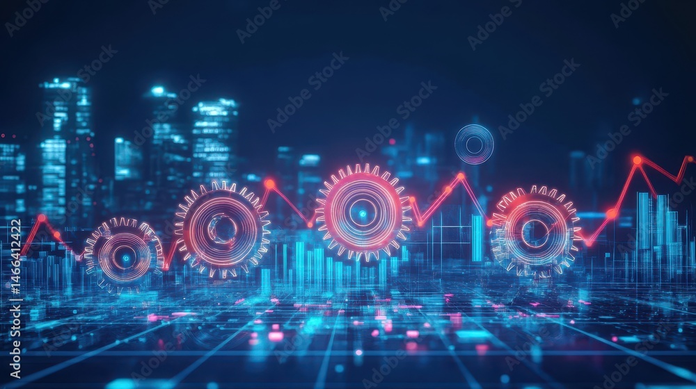 Fototapeta premium Futuristic cityscape with augmented reality financial data stream overlay creating a technology driven dynamic visual for data visualization