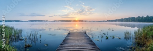 A dock extends into a serene lake, sunlight shining through morning fog