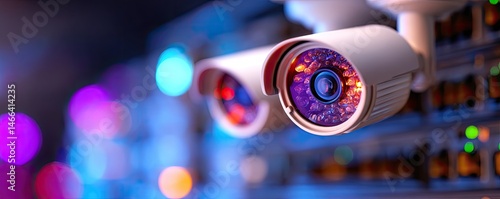 Cybersecurity Data Protection Regulations. Surveillance cameras against a blurred background of colorful lights.