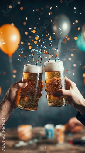 Cheers to a celebration with beer and confetti. Hands raising glasses of light beer in a toast. Festive atmosphere with balloons and colorful confetti