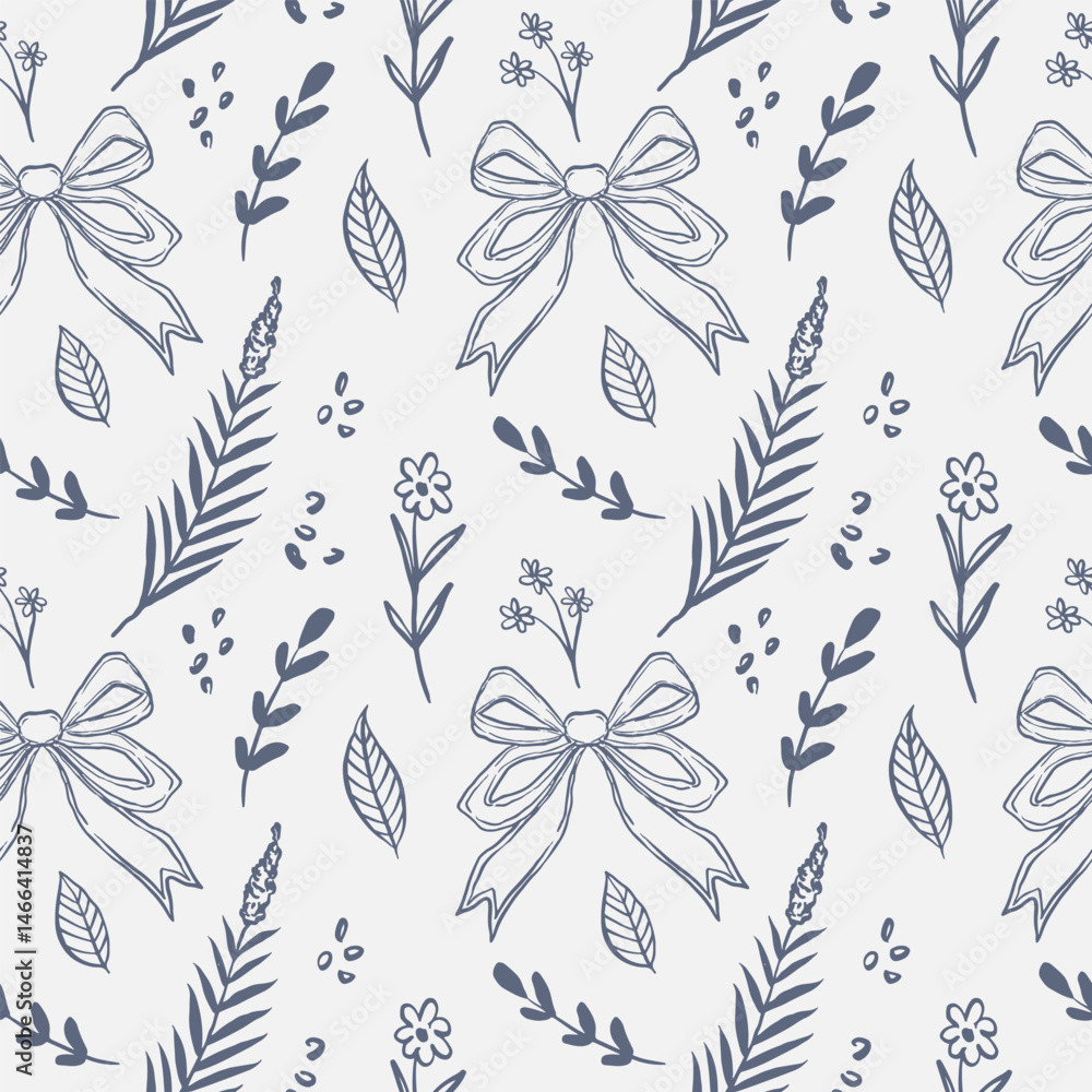 Hand drawn whimsical ribbon bow and flower seamless pattern perfect for textile, wallpaper Hand drawn whimsical ribbon bow and flower seamless pattern perfect for textile, wallpaper