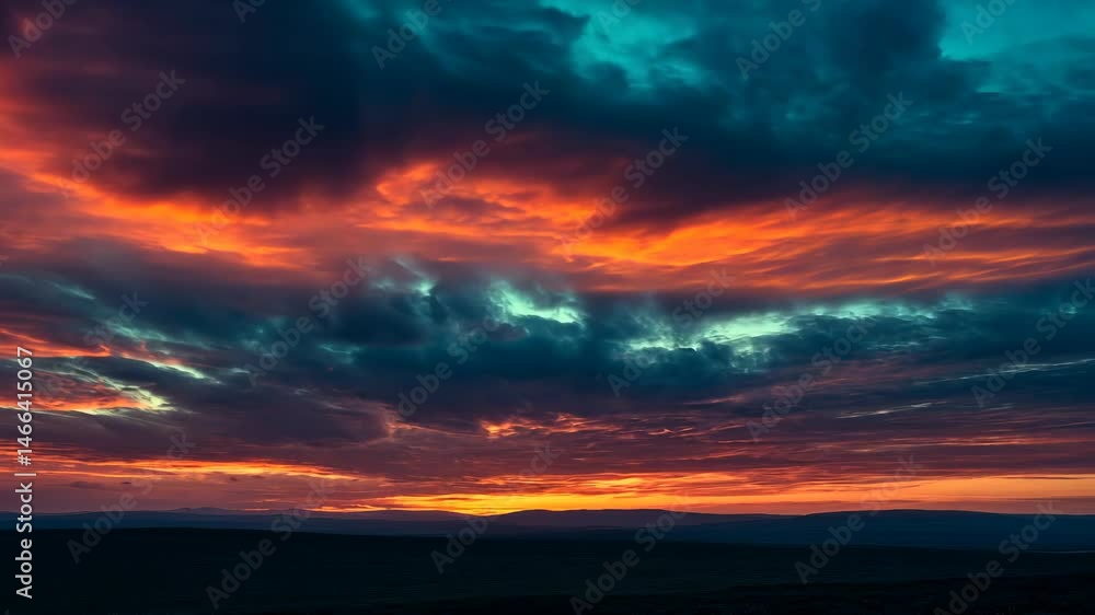 Vivid sunset with fiery orange, red, and teal cloudscape over a dark landscape Vivid sunset with fiery orange, red, and teal cloudscape over a dark landscape