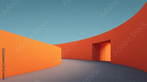Empty room with a curved orange wall on the left side and a blue sky on the right side. the floor is made of concrete and the walls are painted in a bright orange color.