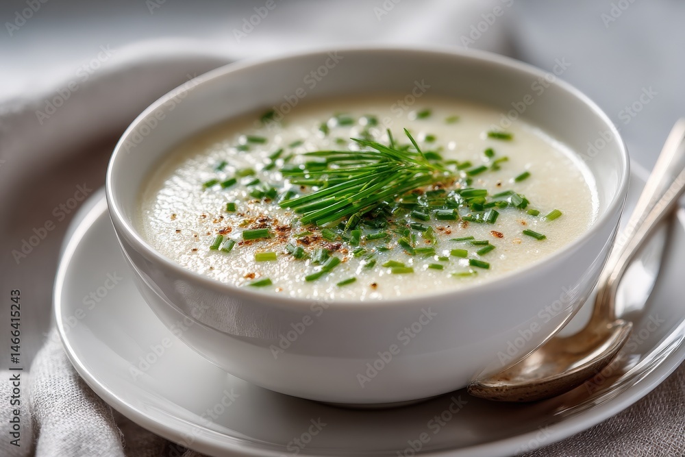 Creamy soup delight: A steaming bowl of creamy, culinary masterpiece, adorned with a sprig of fresh chives and a subtle sprinkling of flavorful herbs, offers a visual and sensory feast. Creamy soup delight: A steaming bowl of creamy, culinary masterpiece, adorned with a sprig of fresh chives and a subtle sprinkling of flavorful herbs, offers a visual and sensory feast.