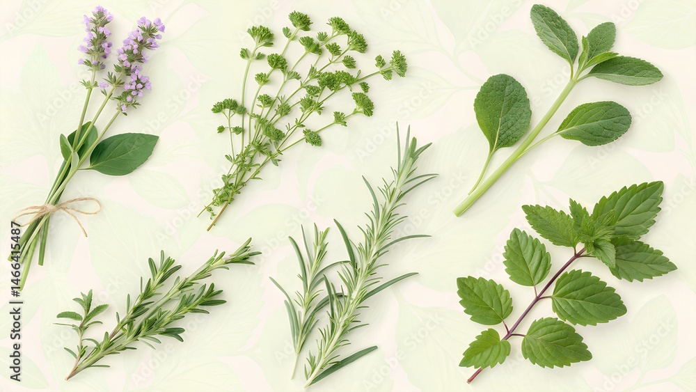Set of six fresh medicinal herbs isolated on soft background — rosemary, mint, thyme, parsley, stevia and patchouli. Natural remedies Set of six fresh medicinal herbs isolated on soft background — rosemary, mint, thyme, parsley, stevia and patchouli. Natural remedies