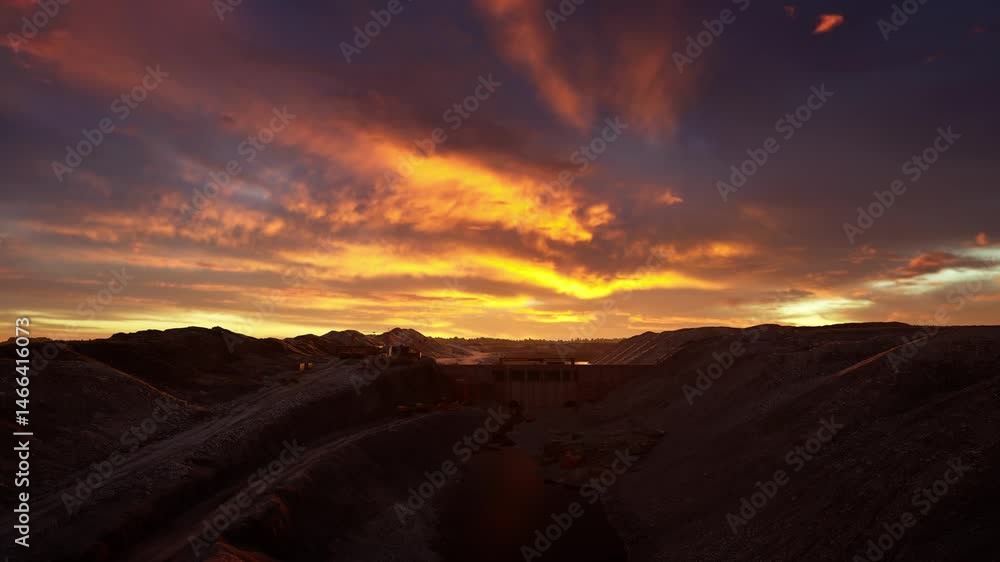 Construction Of A Large Dam With Sunset Construction Of A Large Dam With Sunset