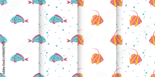 Seamless natural pattern, blue fish with pink fins on  white background and pink fish with  yellow stripe. For wallpaper, textiles, packaging, background, website. Set of four seamless patterns.