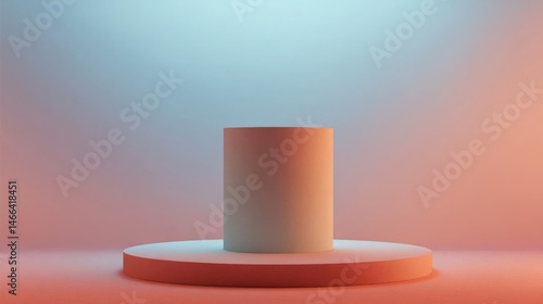 3d rendering of a round pedestal with a cylindrical object on top. the pedestal is placed on a pink and orange gradient background.