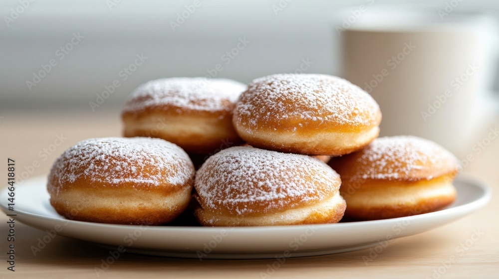 a plate of powdered sugar donuts on a table a plate of powdered sugar donuts on a table