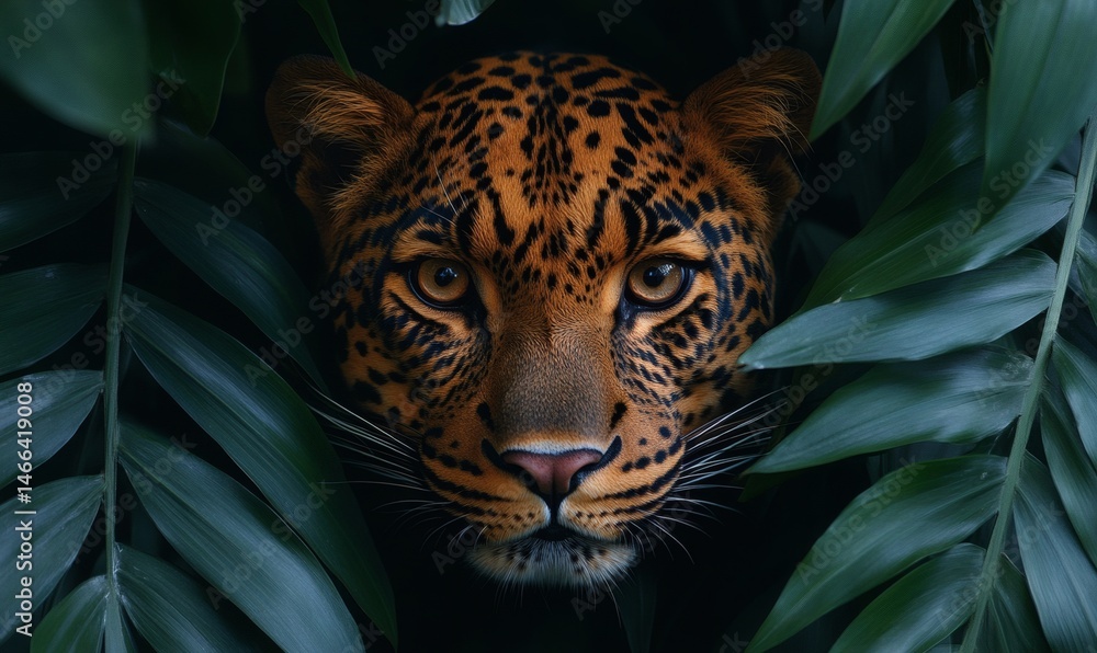 Leopard hiding in tropical foliage with intense focused eyes and spotted fur pattern visible through green leaves in wild animal jungle setting full of tension and primal beauty,