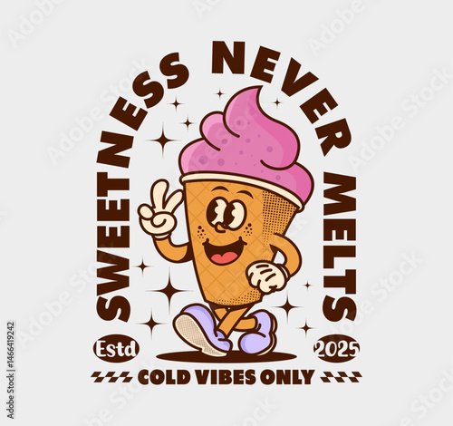 Cute retro ice cream cone cartoon character, perfect for T-shirt prints, posters, sticker and fun summer-themed designs. Colorful vector illustration
