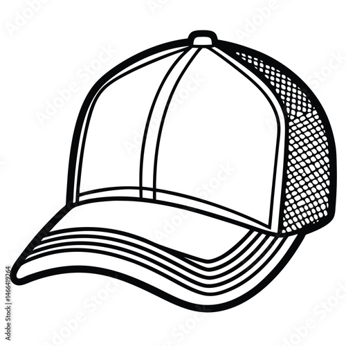 Black outline of a trucker hat with a mesh back is visible