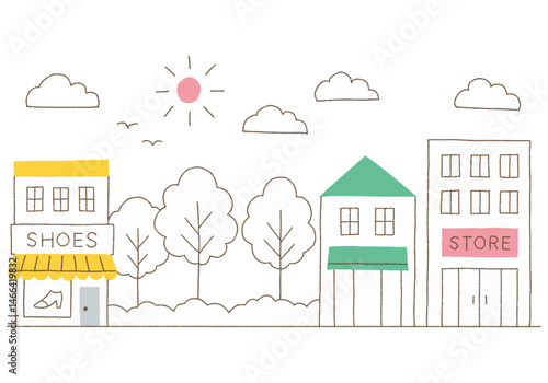 The _color_ of the bustling streets lined with stores