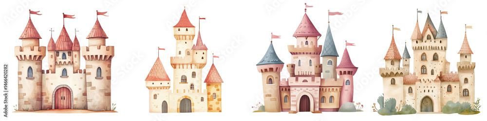 Fairytale castle illustration whimsical medieval fortress with towers turrets flags and arched doors fantasy architecture magical enchanting colorful storybook style Fairytale castle illustration whimsical medieval fortress with towers turrets flags and arched doors fantasy architecture magical enchanting colorful storybook style