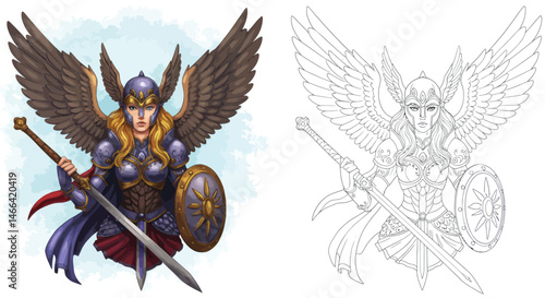 Fantasy Valkyrie: Witness the fierce majesty of a valkyrie, embodying strength and determination with a sword and shield, in a stunning display of art and bravery.