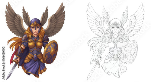 Heroic Figure: A courageous woman with wings stands tall, ready for battle with sword and shield, radiating strength and bravery.