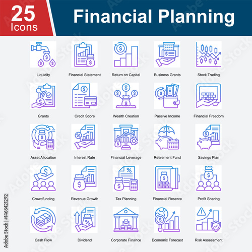 Financial Planning is a collection of icons covering essential aspects of personal and corporate finance, including budgeting, investment strategies, savings, risk management, and long-term wealth.