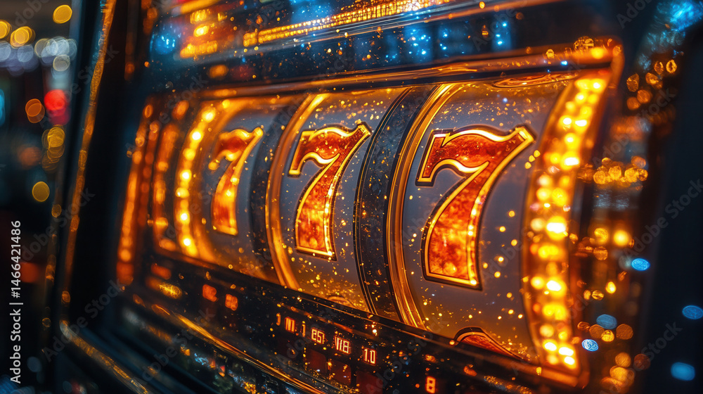 Obraz premium Digital slot machine with number 7 flashing, surrounded by sparkling effects and neon lights 