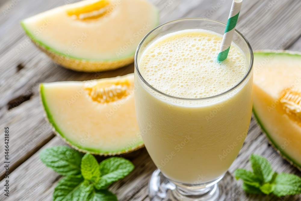 Refreshing melon smoothie with mint leaves and slices on wooden table Refreshing melon smoothie with mint leaves and slices on wooden table