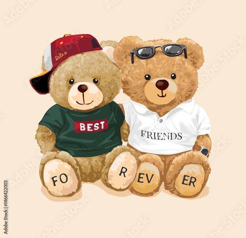 cute bear doll friends in fashion apparel vector illustration
