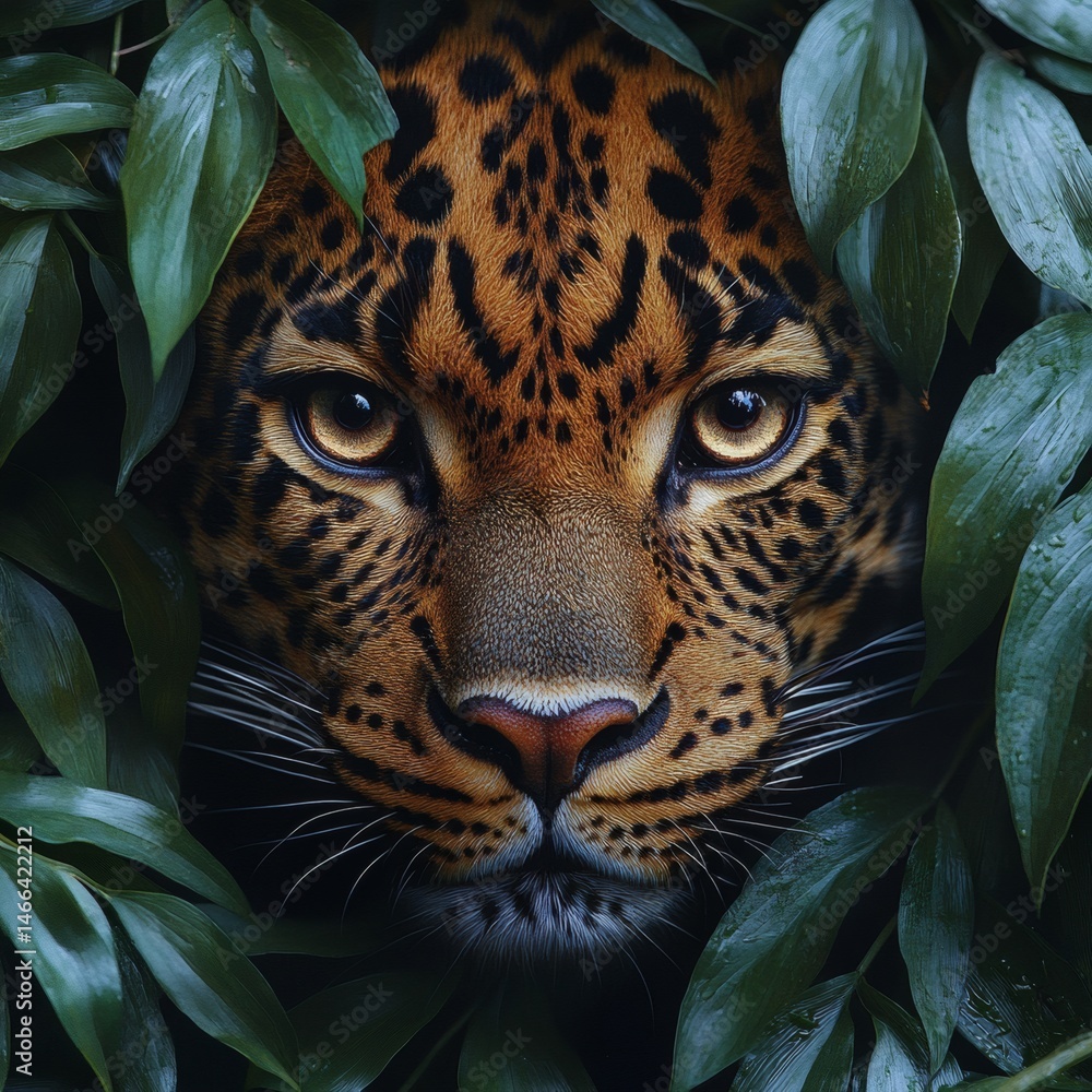 Leopard hiding in tropical foliage with intense focused eyes and spotted fur pattern visible through green leaves in wild animal jungle setting full of tension and primal beauty,