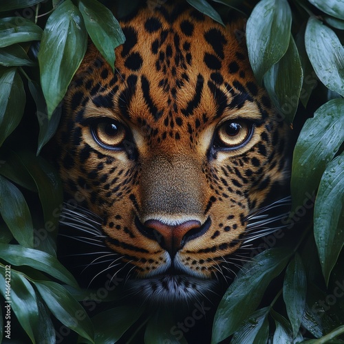 Obraz na płótnie Leopard hiding in tropical foliage with intense focused eyes and spotted fur pattern visible through green leaves in wild animal jungle setting full of tension and primal beauty,
w salonie