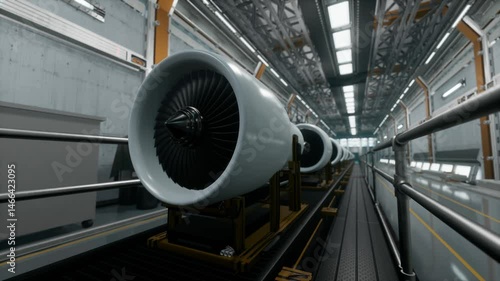 Aeroplane Engines On Production Line In Advanced Manufacturing Facility