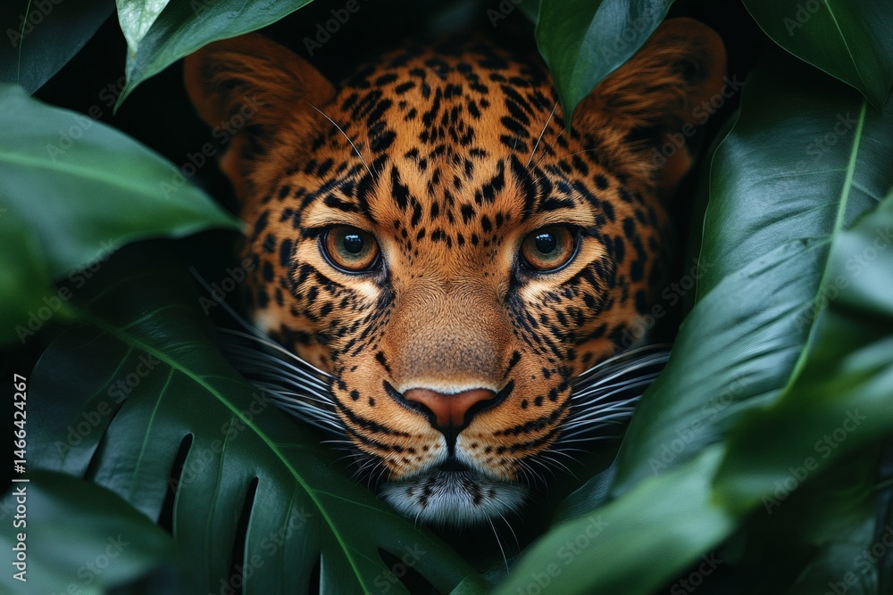 Leopard hiding in tropical foliage with intense focused eyes and spotted fur pattern visible through green leaves in wild animal jungle setting full of tension and primal beauty,